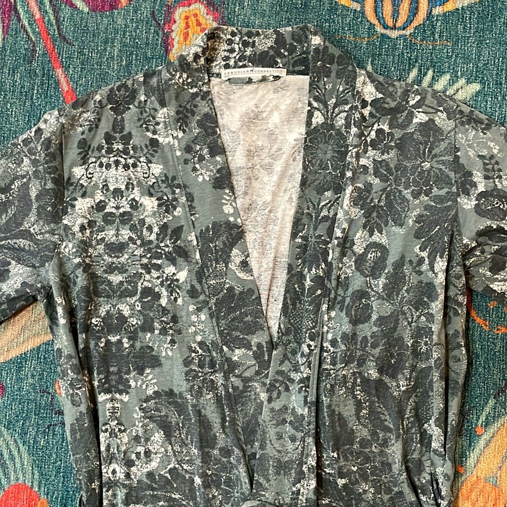 Peruvian Connection Pima Cotton Kimono-Style Robe - Floral Green - XS - Roses - Picture 4 of 8